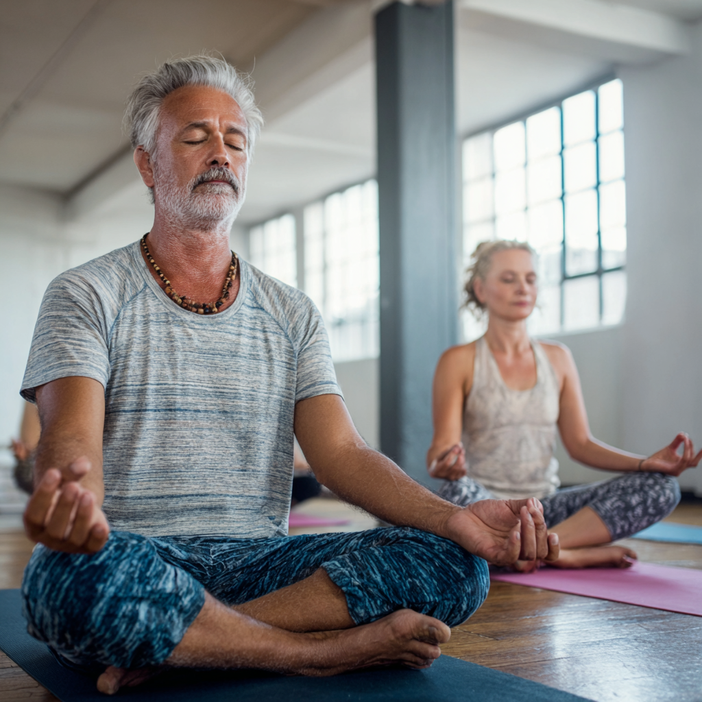 Чоловік 58 років та жінка 52 роки на початковому занятті йоги в просторій студії